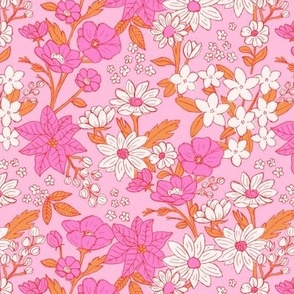 Raw vintage Girls garden - retro leaves wildflowers lillies and  poinsettia orange ivory pink