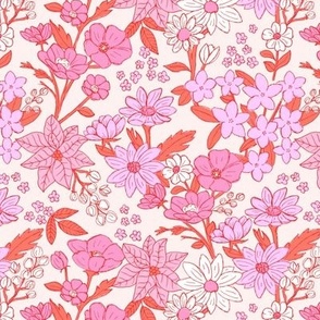 Raw vintage Girls garden - retro leaves wildflowers lillies and  poinsettia pink orange red on ivory