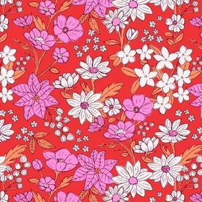 Raw vintage Girls garden - retro leaves wildflowers lillies and  poinsettia orange pink on red