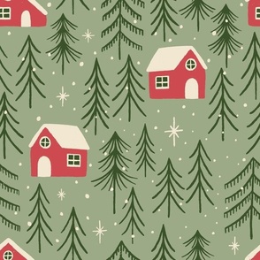 (L) Woodland Cabins - hand-drawn cosy wood cabin trees stars and snow - red and green