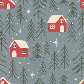 (L) Woodland Cabins - hand-drawn cosy wood cabin trees stars and snow - red and silver