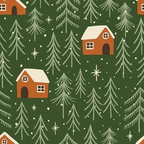 (L) Woodland Cabins - hand-drawn cosy wood cabin trees stars and snow - gingerbread and green