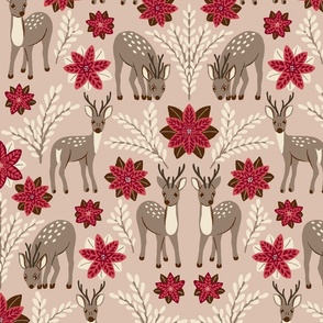 (L) Winter Woodland Deer - hand-drawn fawns and poinsettia flowers - Christmas red on taupe