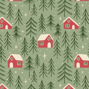 (S) Woodland Cabins - hand-drawn cosy wood cabin trees stars and snow - red and green