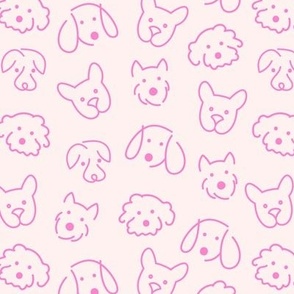 Modernist Bright Freehand dog friends - Cute retro puppy faces and fluffy pink on ivory white