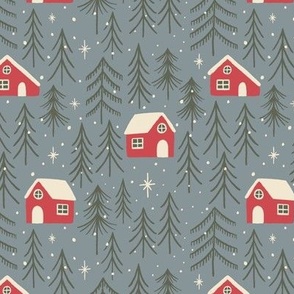 (S) Woodland Cabins - hand-drawn cosy wood cabin trees stars and snow - red and silver