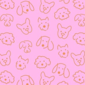 Modernist Bright Freehand dog friends - Cute retro puppy faces and fluffy orange pink