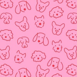 Modernist Bright Freehand dog friends - Cute retro puppy faces and fluffy red pink