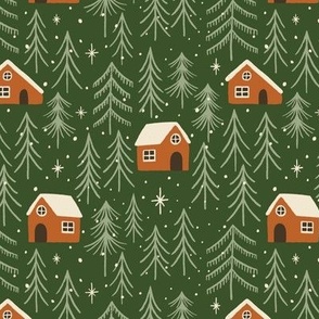 (S) Woodland Cabins - hand-drawn cosy wood cabin trees stars and snow - gingerbread and green
