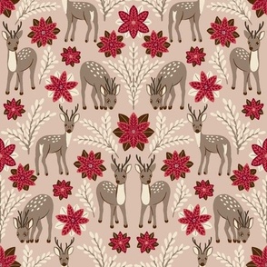 (S) Winter Woodland Deer - hand-drawn fawns and poinsettia flowers - Christmas red on taupe