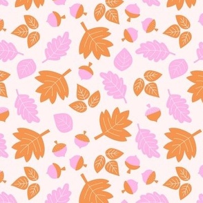 Oak maple and birch leaves and acorns - Fall petals and chestnuts vintage girls palette pink orange on ivory