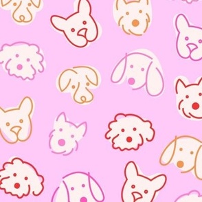 Modernist Multi Color girls palette Freehand dog friends - Cute retro puppy faces and fluffy red pink
