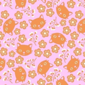 Cute summer cats and blossom - bohemian girly kitten design black cat and flowers orange ivory on pink 