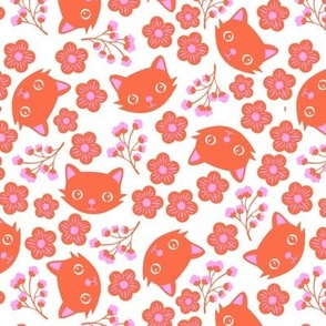 Cute summer cats and blossom - bohemian girly kitten design black cat and flowers orange pink on white 