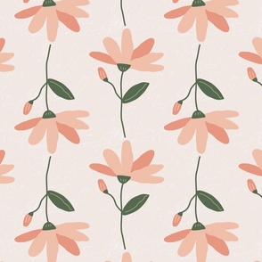 Large / Hand Drawn Flowers in Peach with Green Stems and Leaves on Textured Backdrop