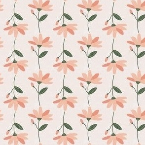 Small / Hand Drawn Flowers in Peach with Green Stems and Leaves on Textured Backdrop