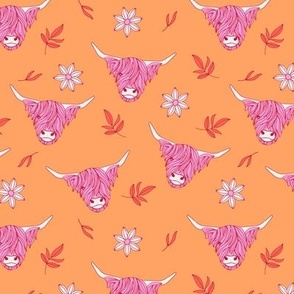 Summer Scottish highland cows - sweet freehand drawn animal illustration with flowers and leaves Scotland girls design red pink on orange