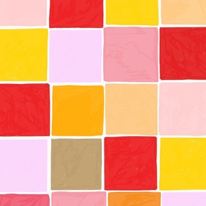 Cheerful Checks Mosaic JUMBO Rainbow Ombre Checkerboard Wallpaper And Fabric - Colorful Red Orange Pink Yellow