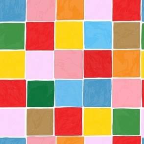Cheerful Checks Mosaic 12in Rainbow Checkerboard Wallpaper And Fabric - Colorful Pink Blue Orange Green