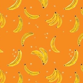 Small Watercolor Banana 4in- Falling Bananas On Pumpkin Orange Whimsical Fruit Fun Cute Colorful Food