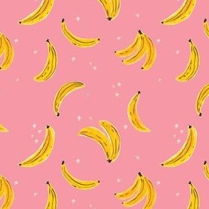 Small Watercolor Banana  4in - Falling Bananas On Bubblegum Pink Whimsical Fruit Fun Cute Colorful Food