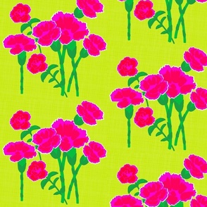 Garden Border Carnation Flowers Mini Hot Pink And Green Mid-Century Modern Dianthus Bouquet Bright Bold Colorful Summer Scandanavian Cheerful Half-Drop Floral Pattern