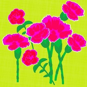 Garden Border Carnation Flowers Hot Pink And Green Mid-Century Modern Dianthus Bouquet Bright Bold Colorful Summer Scandanavian Cheerful Half-Drop Floral Pattern