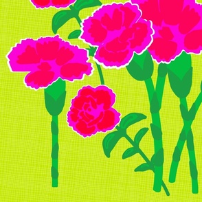 Garden Border Carnation Flowers Big Hot Pink And Green Mid-Century Modern Dianthus Bouquet Bright Bold Colorful Summer Scandanavian Cheerful Half-Drop Floral Pattern