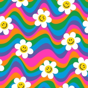 Big Bright Groovy Wavy Rainbows and Smiley Daisy Flowers