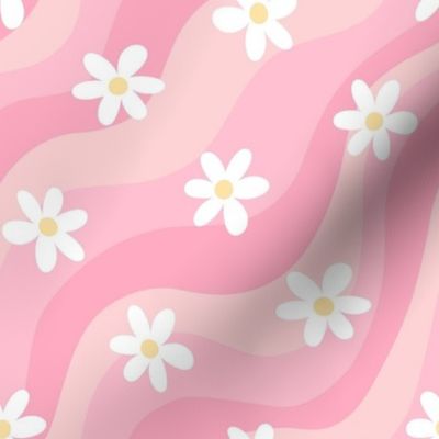 Small Soft Pink Groovy Wavy Rainbow with White Daisy Flowers