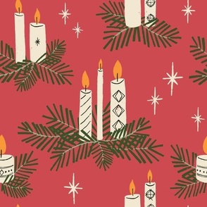 (L) Hand-drawn Mid Century Christmas Candles and foliage - cream and green on red