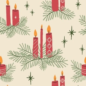 (L) Hand-drawn Mid Century Christmas Candles and foliage - red and green on cream