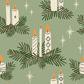 (L) Hand-drawn Mid Century Christmas Candles and foliage - cream on green