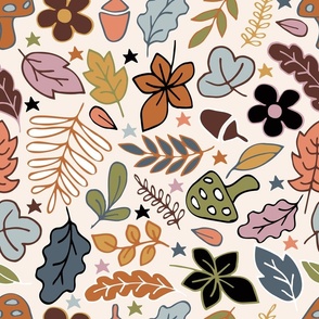 Fall Leaves tossed in burnt orange, lilac, olive green, mustard for quilting, bedding and kids - Large Scale