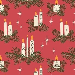 (S) Hand-drawn Mid Century Christmas Candles and foliage - cream on red