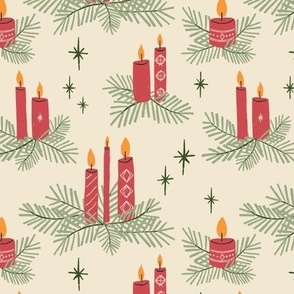 (S) Hand-drawn Mid Century Christmas Candles and foliage - red and green on cream