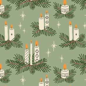 (S) Hand-drawn Mid Century Christmas Candles and foliage - cream on green