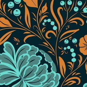 (J) Opulent khokhloma heritage glamour wallpaper in turquoise