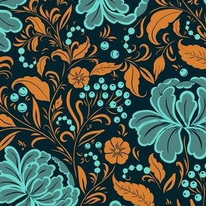 (L) Opulent khokhloma heritage glamour wallpaper in turquoise