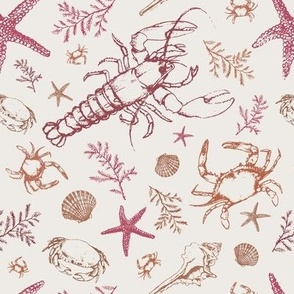 seaside reverie  of light terracotta, red and burgundy crustaceans on creamy background M