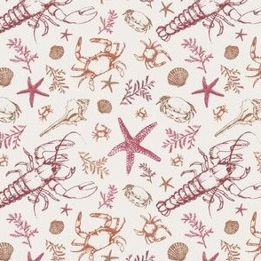 seaside reverie  of light terracotta, red and burgundy crustaceans on creamy background S