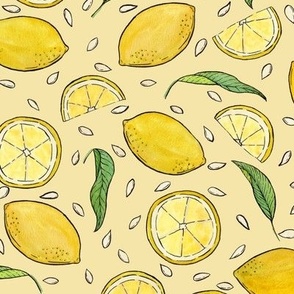 Watercolor Lemons on Yellow Background