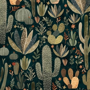 Whimsical wild west - Bohemian cactus in dark teal texture Large - boho succulent - dark dramatic moody wallpaper - cacti decor