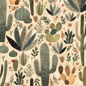 Whimsical wild west - Bohemian cactus in sand texture Large - boho succulent - cacti wallpaper - cacti decor