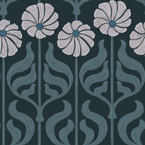 Art Deco Chic: Cream Flowers On Dark Blue/Green - large scale