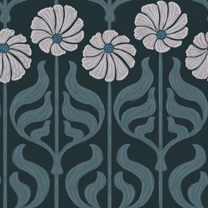 Art Deco Chic: Cream Flowers On Dark Blue/Green - small scale