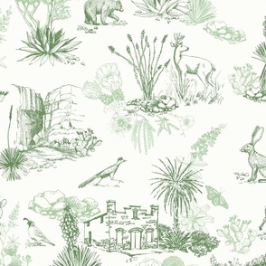 Texas Toile, Big Bend National Park, Green, LARGE 24", STRAIGHT REPEAT, bear cougar Southwest french country cactus hidden pictures