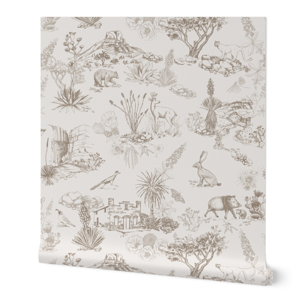 Texas Toile, Big Bend National Park, Taupe, LARGE 24", STRAIGHT REPEAT, bear cougar Southwest french country cactus hidden pictures