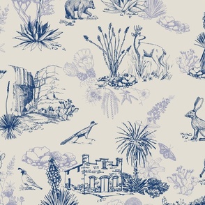 Texas Toile, Big Bend National Park, Blue, LARGE 24", STRAIGHT REPEAT, bear cougar Southwest french country cactus hidden pictures