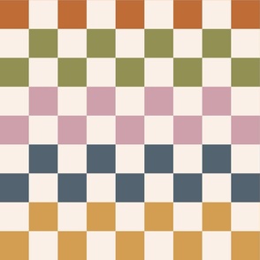 Classic Fall Checker in burnt orange, lilac, olive green, mustard blender co-ordinate for bedding, quilting, kids coastal chic
